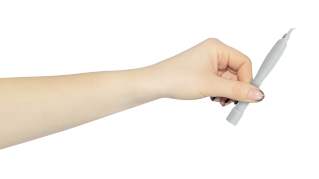 plastic spatula for disassembling the case of phones and laptops in hand, outstretched hand with plastic spatula isolated from background