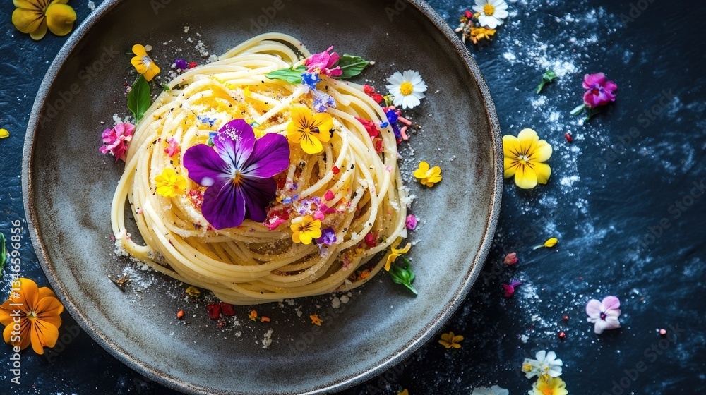 Poster an overhead shot of a plate of spaghetti adorned with vibrant edible flowers and colorful sprinkles,