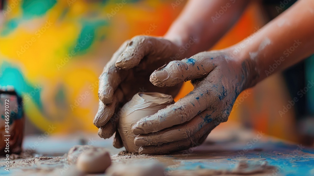 Poster artistic close-up shot of hands shaping clay into a creative form, with a bright and vibrant backgro