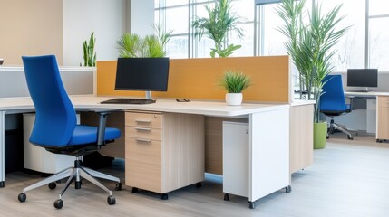 A modern office space featuring ergonomic furniture, plants, and a clean aesthetic, promoting productivity and well-being.