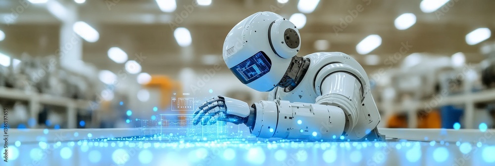 Poster robot analyzing data in futuristic industrial setting