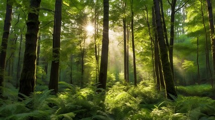 Fototapeta premium Serene Green Forest with Sunlight Filtering Through Trees
