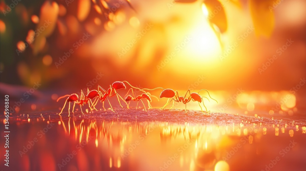 Poster close-up of four red ants marching on a dewy surface, with a warm sunset glow in the background, sho