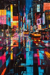 City street scene vibrant colors reflective wet