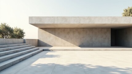 Serene Minimalist Concrete Structure with Elevated Steps and Expansive Patio Area