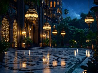 Obraz premium A Grand Mosque Courtyard Illuminated by Large Hanging Lanterns