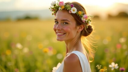 Obraz premium young woman in poppy field, beautiful young woman with wreath of wild flowers celebrating summer solstice