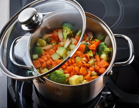 l&eacute;gumes en cuisson avec une poele ou une cocotte dans une cuisine avec un couvercle en ia