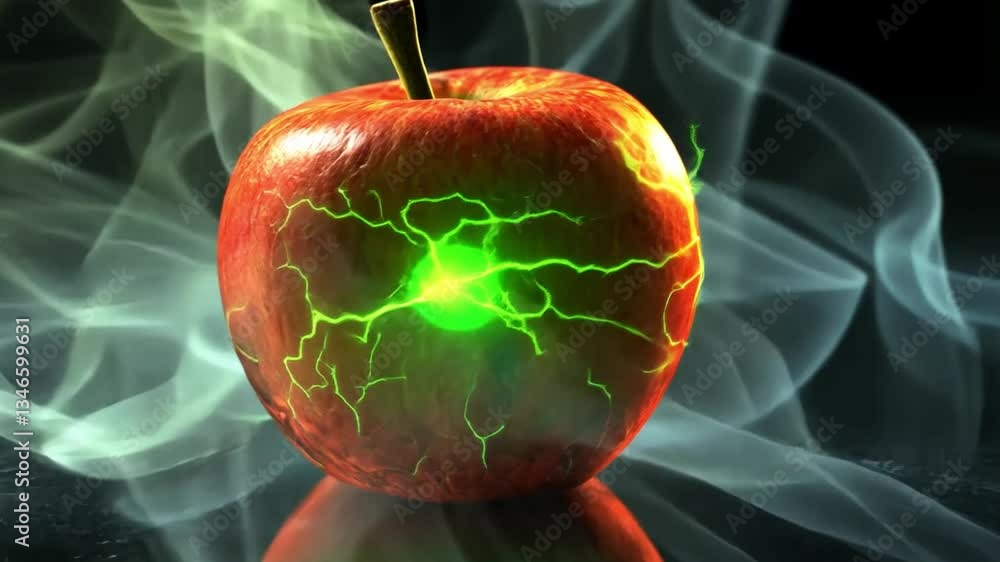Poster shiny red apple with glowing green core surrounded by cracked surface in a mystical and abstract env