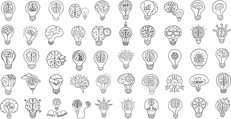 collection of lightbulb with brain designs, symbolizing creativity and ideas