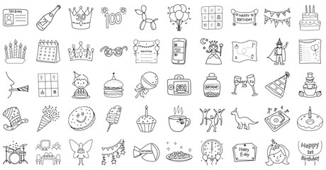 collection of birthday themed doodles including cakes, balloons, and party items