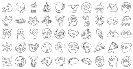 Various outline emojis including animals, food, and expressions