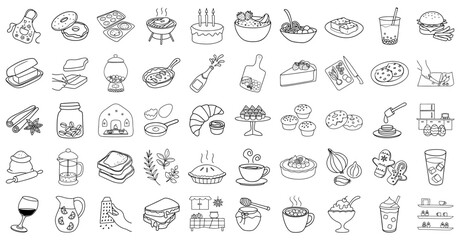collection of various food and drink line icons, including desserts, beverages, and kitchen items