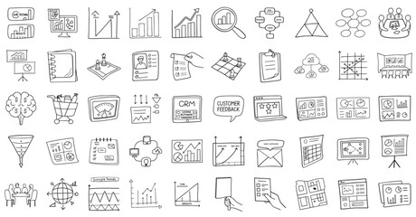 Hand drawn business icons including graphs, charts, and CRM tools