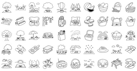 collection of picnic themed line drawings featuring baskets, food, and outdoor scenes