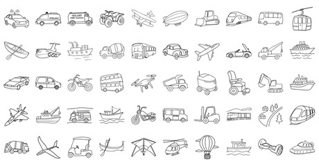 Various vehicle outlines including cars, boats, planes, and more, showcasing diverse transportation modes