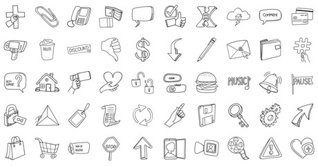 collection of hand drawn web icons including communication, finance, and multimedia symbols