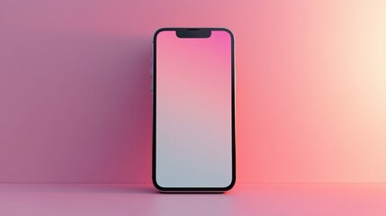 Modern smartphone device stands on pink backdrop with glowing screen