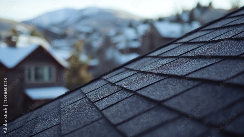 Poster close-up view of asphalt shingles on a roof, with a house in the background, highlighting the textur