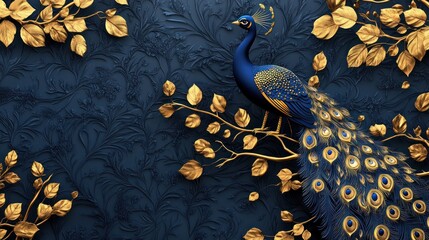 Peacock on gold branches, navy background, decorative design, wallpaper/poster image