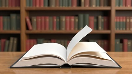 Fototapeta premium Mockup of book with blank cover on table under blurred library background