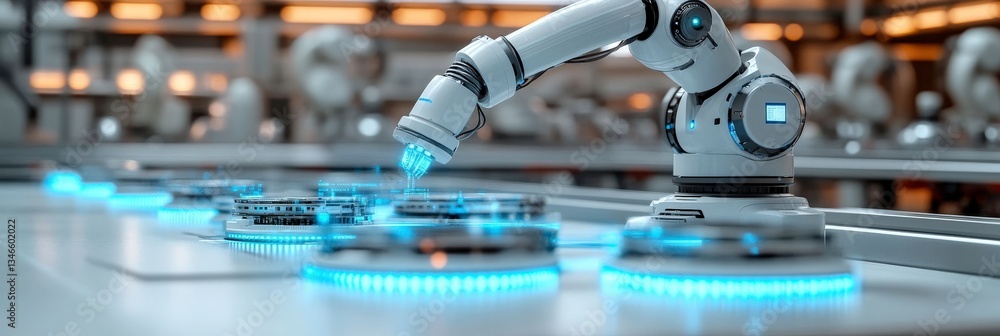 Poster robotic arm with blue lights in a tech setting