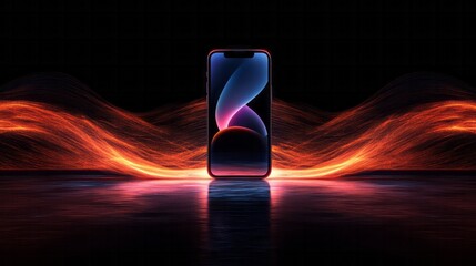 A smartphone stands against a backdrop of glowing orange waves
