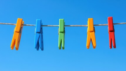 Colorful clothespins on a clothesline against a bright blue sky, reflecting the joy and simplicity of a sunny day.
