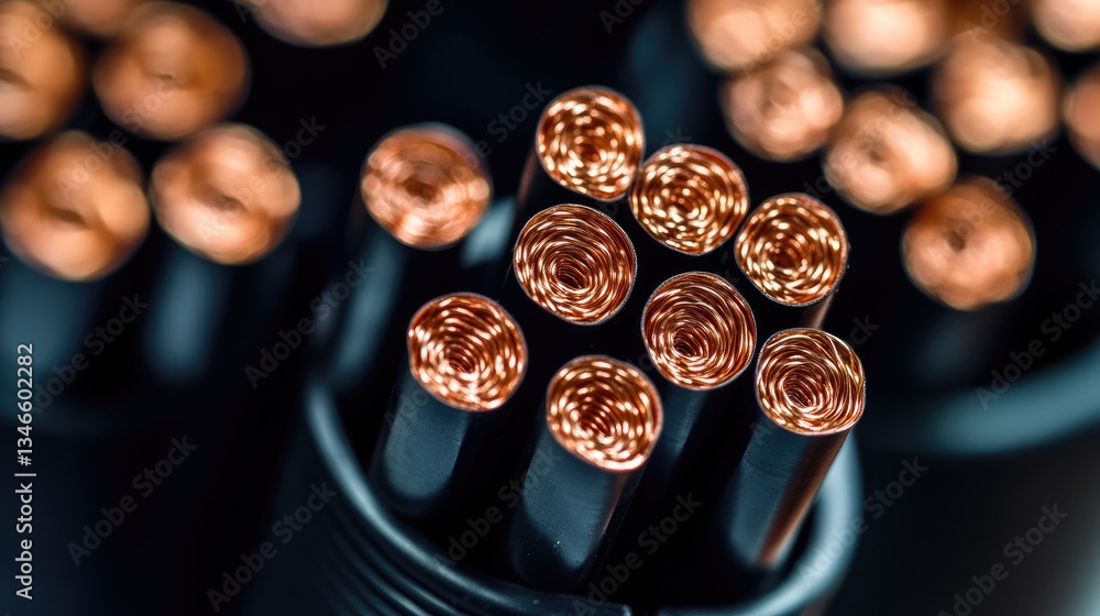 Poster copper wires are neatly arranged inside a black cable connector, with each wire sharply defined, cre
