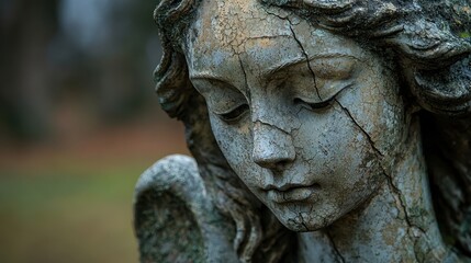 Acid Rain’s Impact, a weathered stone statue with cracks and erosion, showing the effects of prolonged exposure to acidic precipitation.