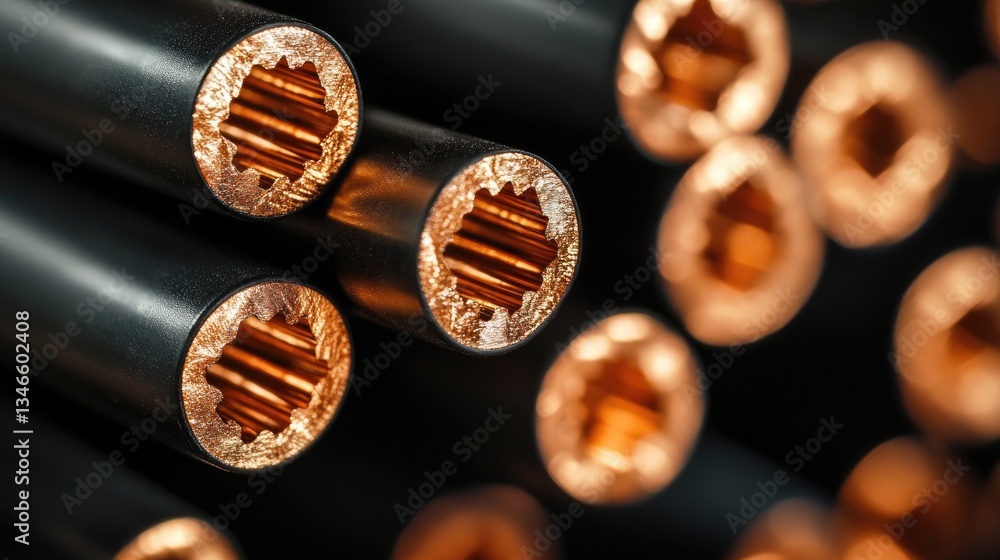Poster copper wires are neatly arranged inside a black cable connector, with each wire sharply defined, cre