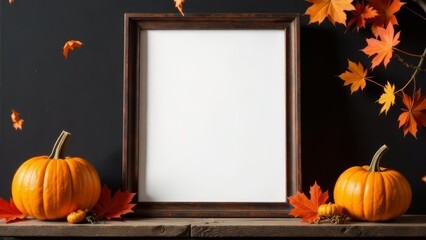 Rustic Halloween mockup: empty vertical poster frame placed among pumpkins, autumn leaves