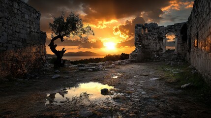 Sunset over ancient ruins coastal landscape scenic photography serene environment artistic viewpoint
