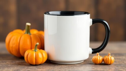 White cup with black interior and pumpkin handle