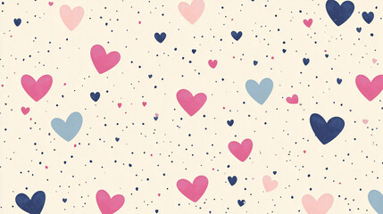 Seamless pattern of pastel cartoon hearts scattered evenly, white background