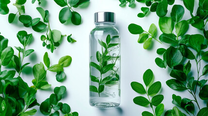 Reusable glass water bottle with green leaves inside, eco-friendly concept, white background