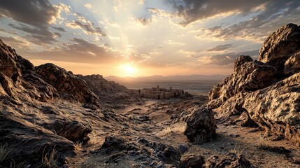 Sunset over ancient ruins rocky landscape nature scene desert environment wide angle view tranquil beauty