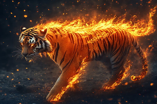 Fierce tiger engulfed in flames, prowling through a dark forest with glowing embers in the air