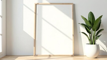 Poster mockup with wooden frame and plant on white wall.
