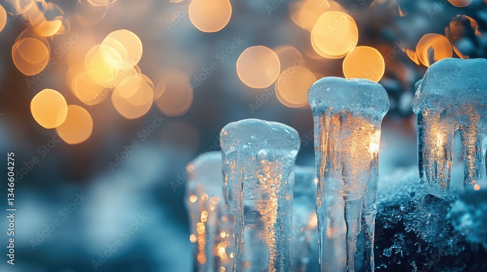 Poster glowing ice tubes drip water, creating a magical, frosty effect, as soft bokeh lights in the backgro