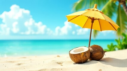 
tropical beach made of coconut fruits and a sun umbrella.
