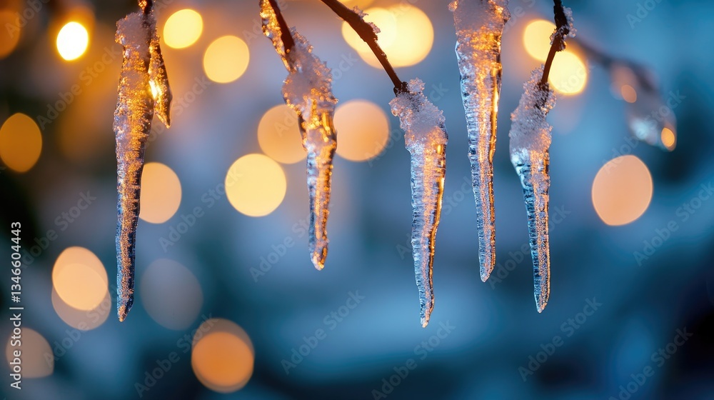 Poster glowing ice tubes drip water, creating a magical, frosty effect, as soft bokeh lights in the backgro