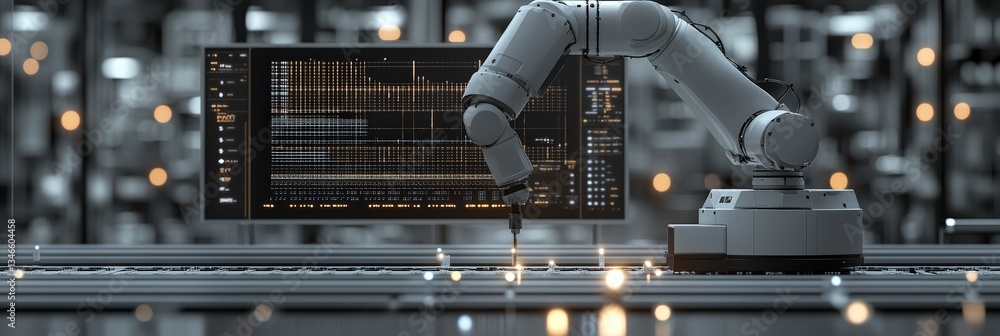 Poster robotic arm working on production line with data screen