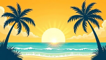 Obraz premium Drawing Summer background with palm trees, summer sun