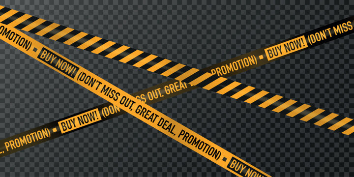Realistic yellow and black promotional barrier tape with "BUY NOW!" text on a transparent background. Ideal for sales, advertising, and marketing designs.