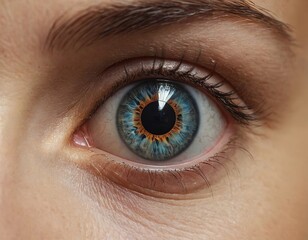 Obraz premium Close-up of a woman's blue-green eye with intricate patterns and striking colors, showcasing natural beauty.