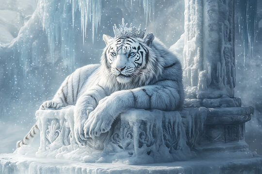 Majestic white tiger resting on an icy throne in a snowy landscape, surrounded by frozen beauty - Powered by Adobe