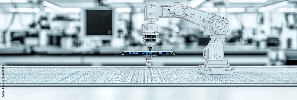 Poster futuristic robotic arm working on a floating smartphone