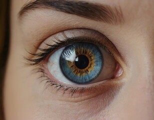Obraz premium Close-up of a striking blue eye with golden flecks, showcasing intricate details and healthy lashes.