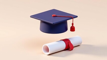 A graduation cap placed over a folded diploma tied with a ribbon on a clean white background.